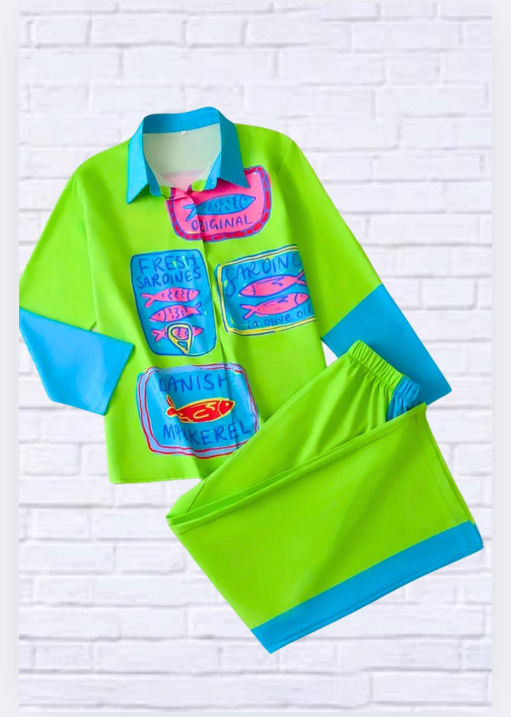 Fun, Bold, Eye-Catching Long Sleeved Elastic Waist Pants Set _ Lime Green and Turquoise