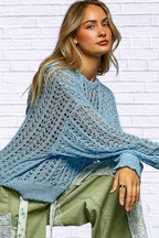 POL Openwork Round Neck High Low Knit Top