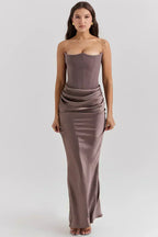 Strapless Peaked Corset Bodice Side Ruched Satin Column Maxi Gown