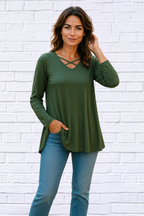 Olive Solid  Long Sleeve Top with Criss Cross Front