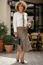 Leopard Trim Ruffle Cardigan _ Buttoned Contrast Ruffle & Chic Stretch Fit