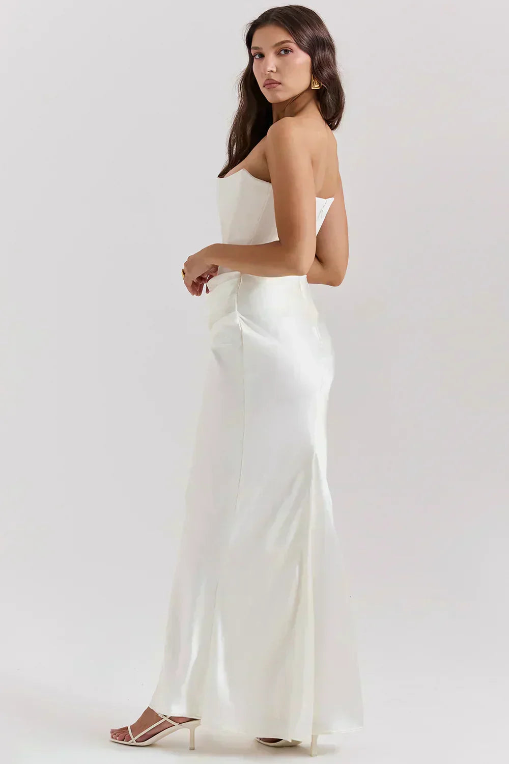 Strapless Peaked Corset Bodice Side Ruched Satin Column Maxi Gown