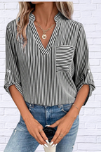 Striped Notched Roll-Tab Sleeve Shirt