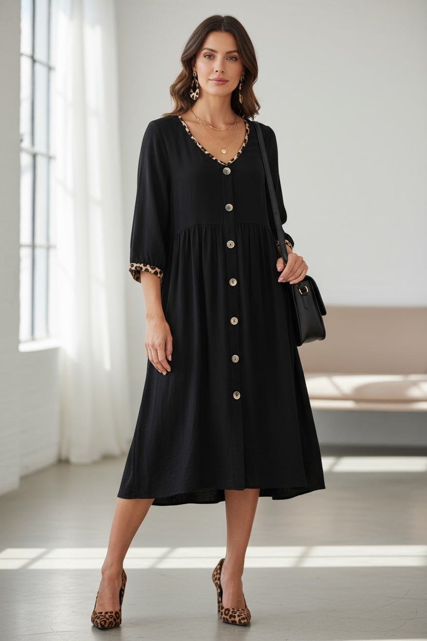 Umgee Black Baby Doll Dress _ V-Neck Button-Down with Leopard Trim Detail