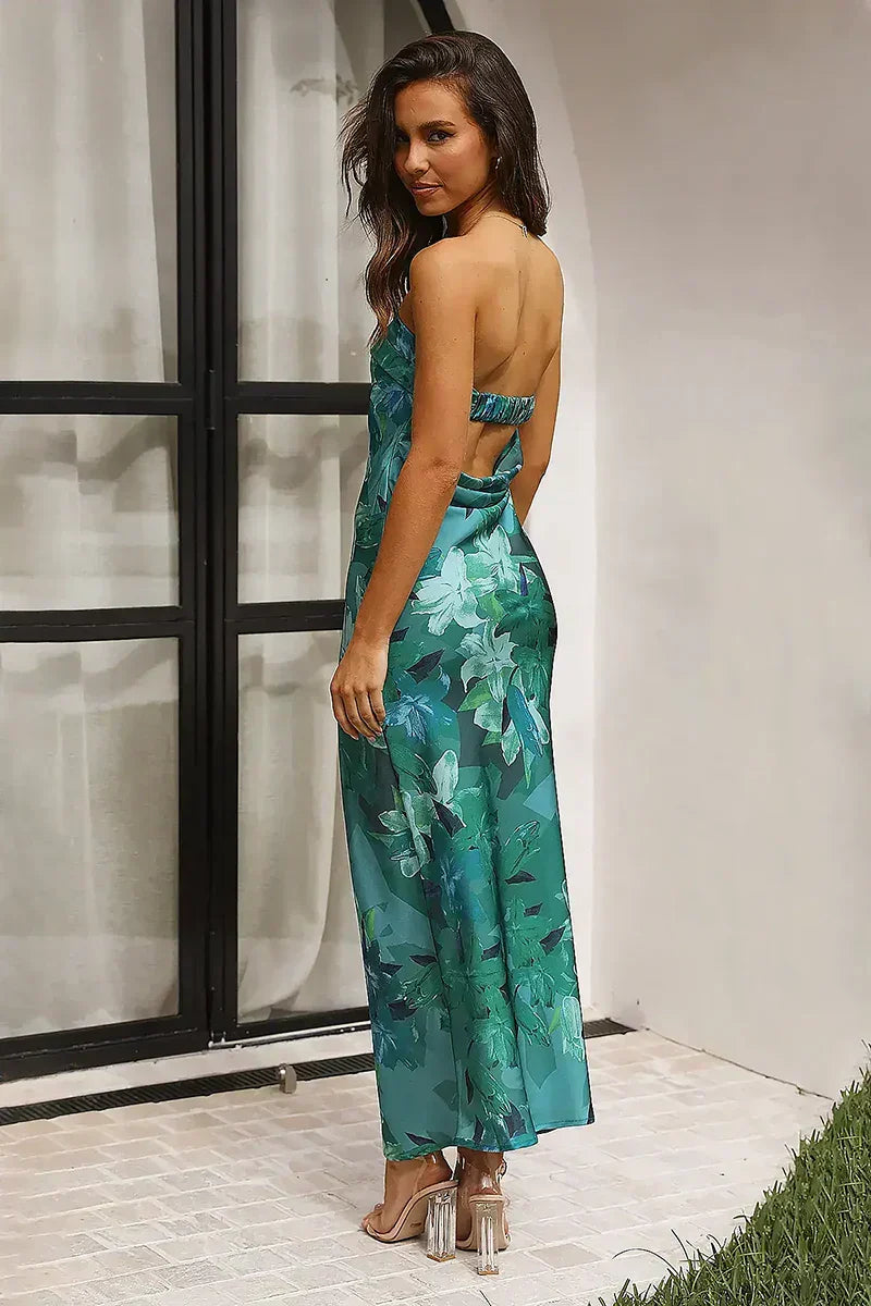 Mónica Minimalist Maxi Dress Green Print Boutique Collection
