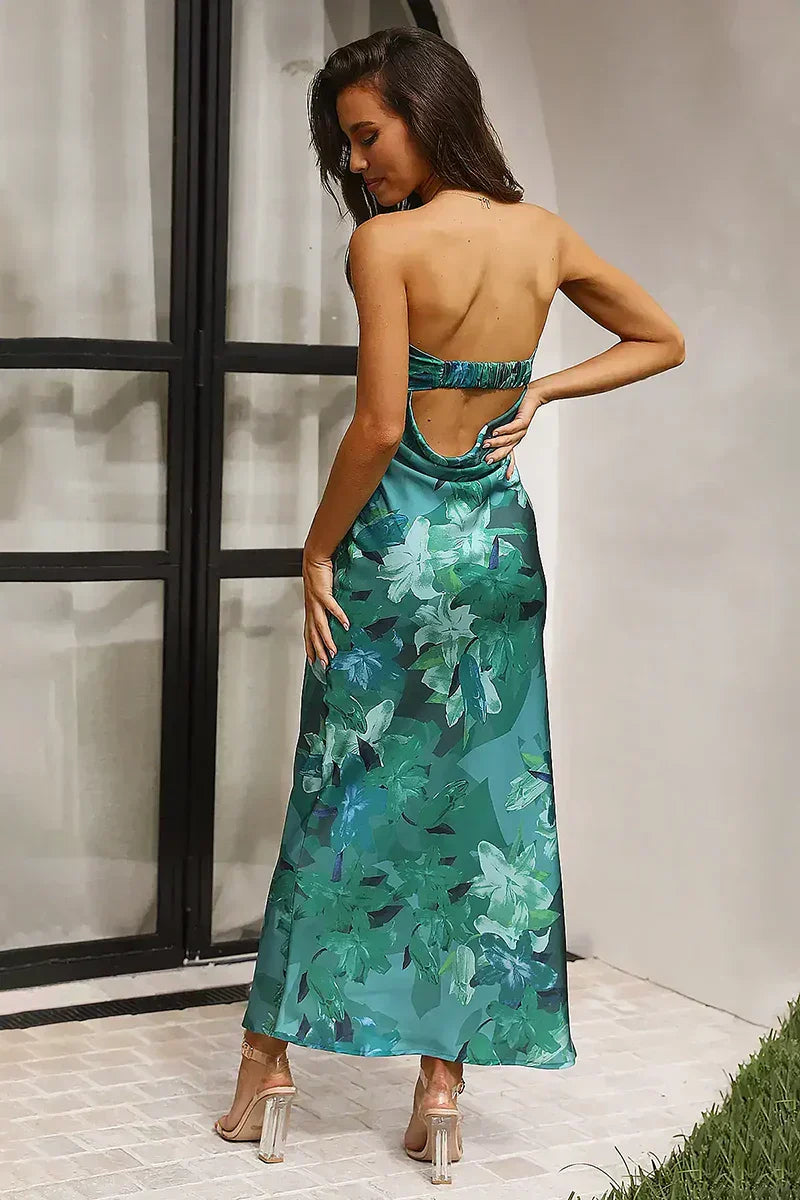 Mónica Minimalist Maxi Dress Green Print Boutique Collection