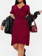 Short-sleeved V-neck Solid Color One-piece Short Dress
