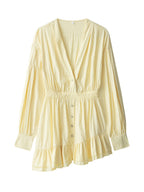 Ruffle Pleated V-neck Long Sleeve Mini&Short Dresses