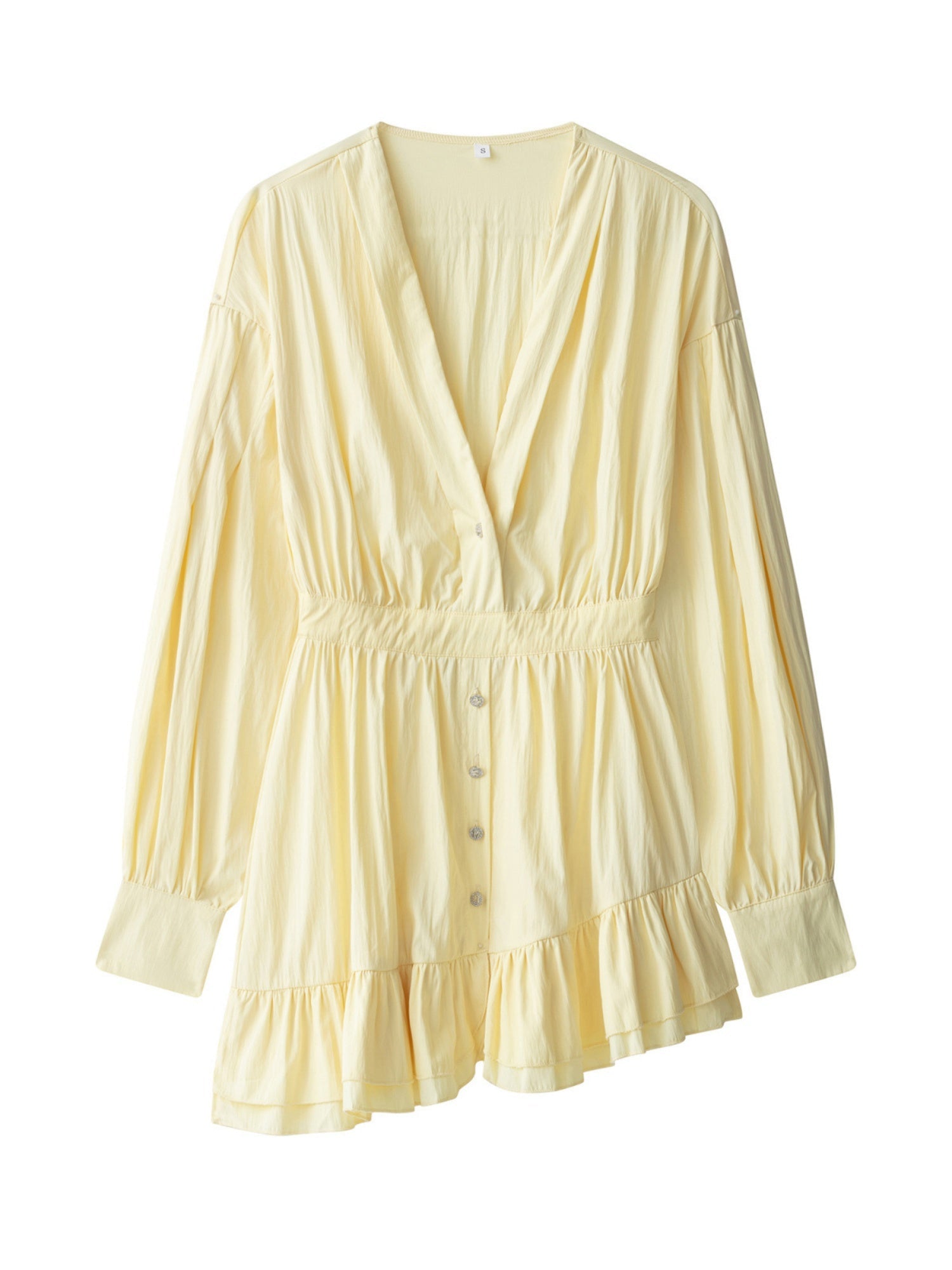 Ruffle Pleated V-neck Long Sleeve Mini&Short Dresses