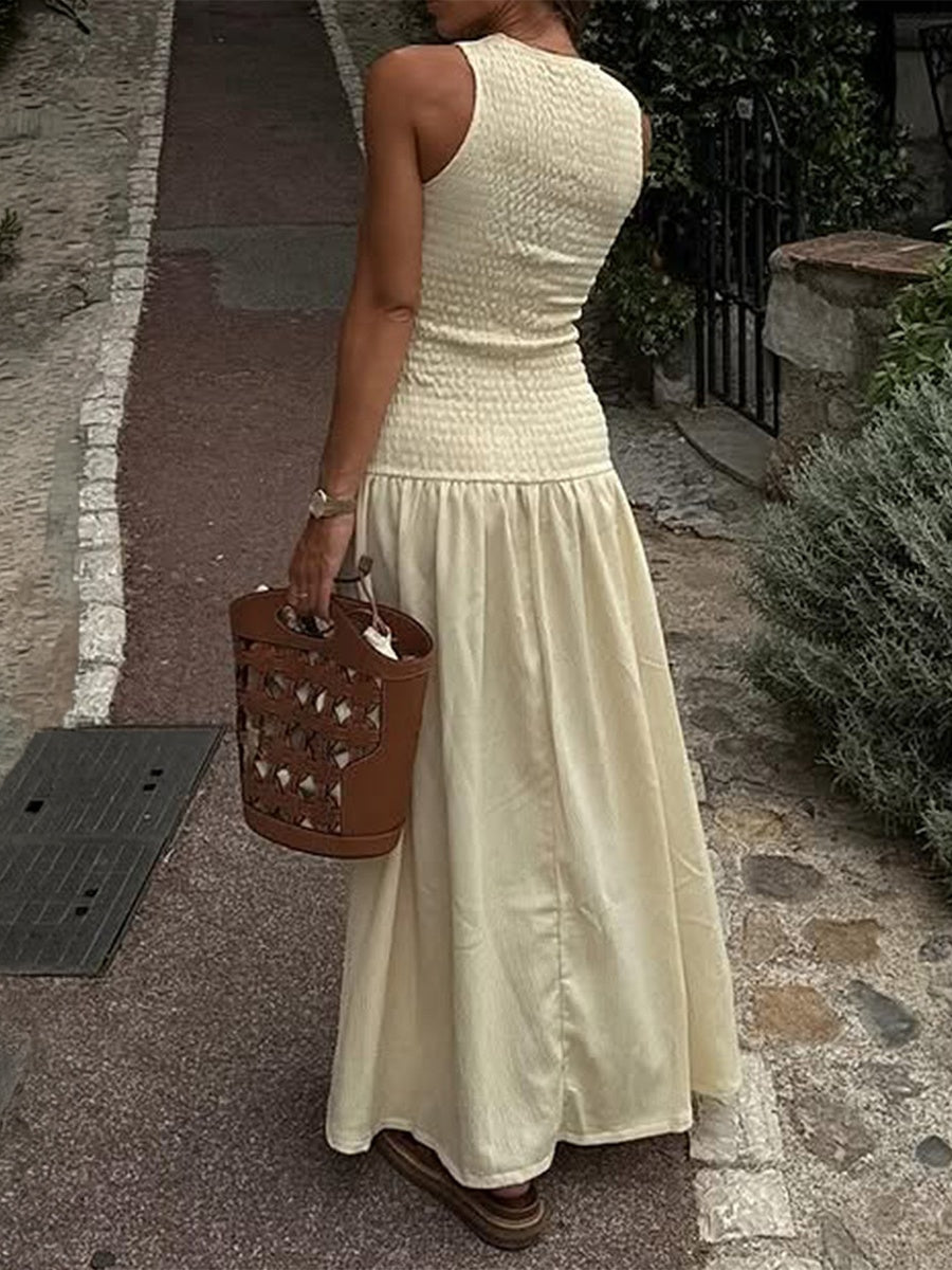 Light Apricot-colored Vacation-style Round Neck Sleeveless Cinched Long Dress