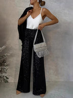 Sequins Small Suit High Waist Casual Straight Leg Pants 2-piece Sets