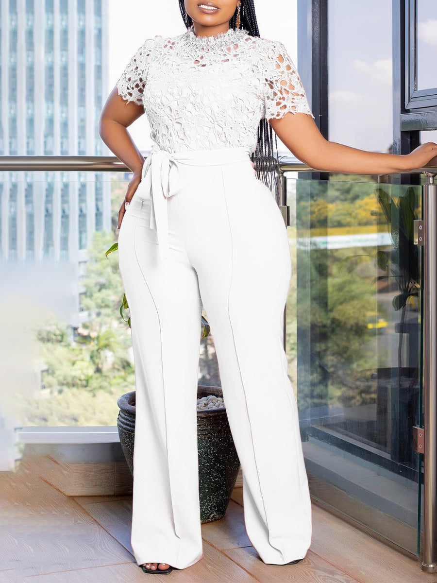 Lace Trim Hollow Short Sleeve Bandage High Waist Wide Leg Jumpsuits