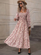Floral Long Sleeve Square Collar Vacation And Leisure Maxi Dresses