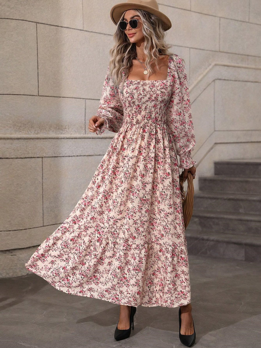 Floral Long Sleeve Square Collar Vacation And Leisure Maxi Dresses