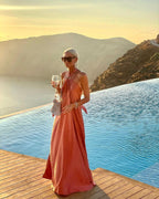 Halter Neck Ring Detail Draped Satin Maxi Dress