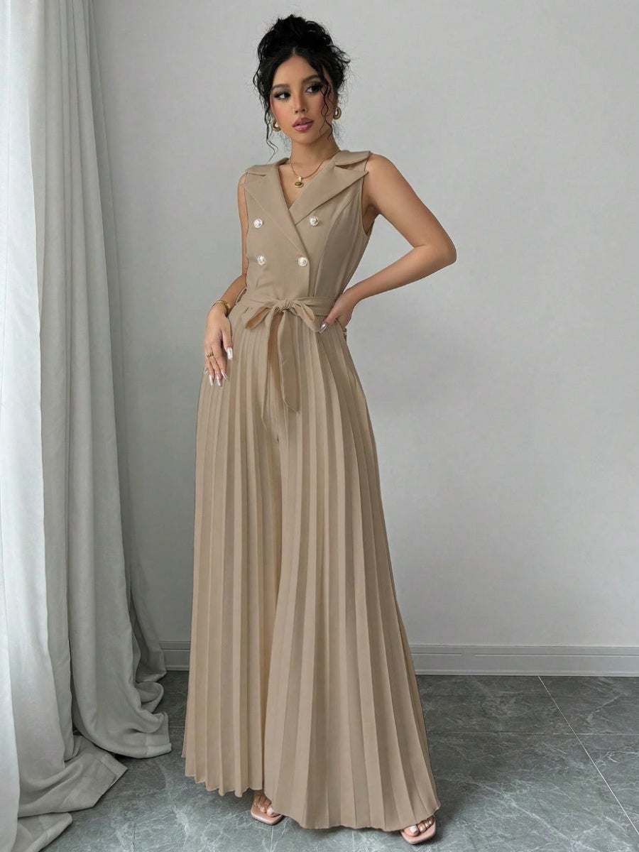 Commuting Suit Collar Pleated Pants Double-breasted Jumpsuits