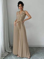 Commuting Suit Collar Pleated Pants Double-breasted Jumpsuits