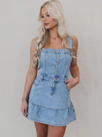 Denim Ruffle Buttons Spaghetti Strap Waist Mini&Short Dresses