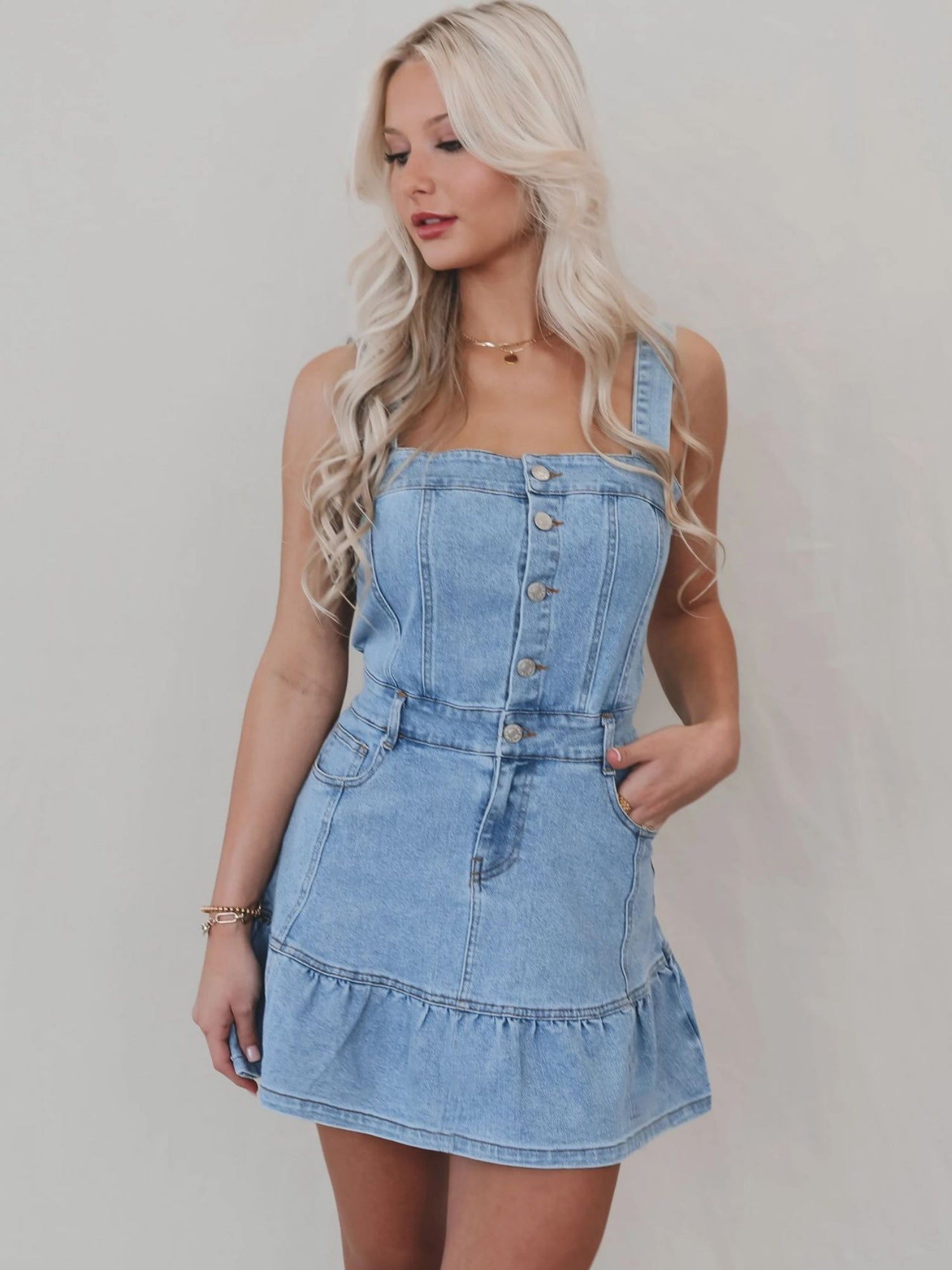 Denim Ruffle Buttons Spaghetti Strap Waist Mini&Short Dresses
