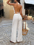 White Halter-neck Backless Top And Trousers Two-piece Set