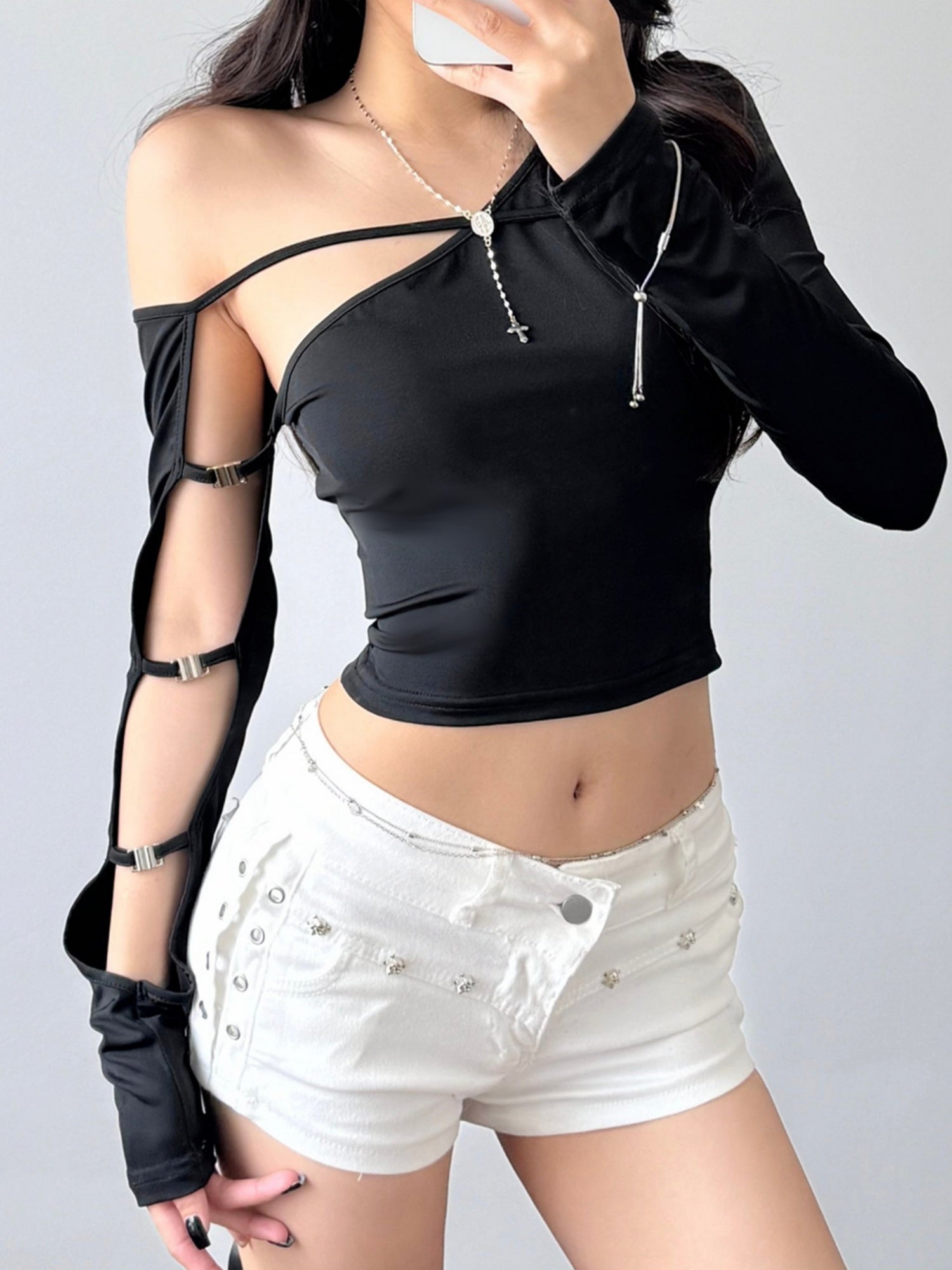 Hollow Out Asymmetrical Collar Irregular Long Sleeves T-shirts