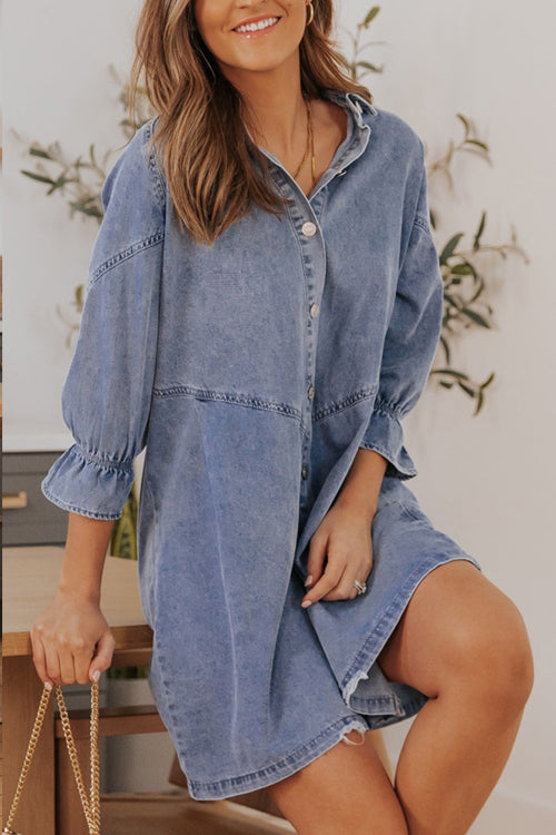 Denim Button Front Chevron Yoke Ruffle Cuff Shirt Mini Dress
