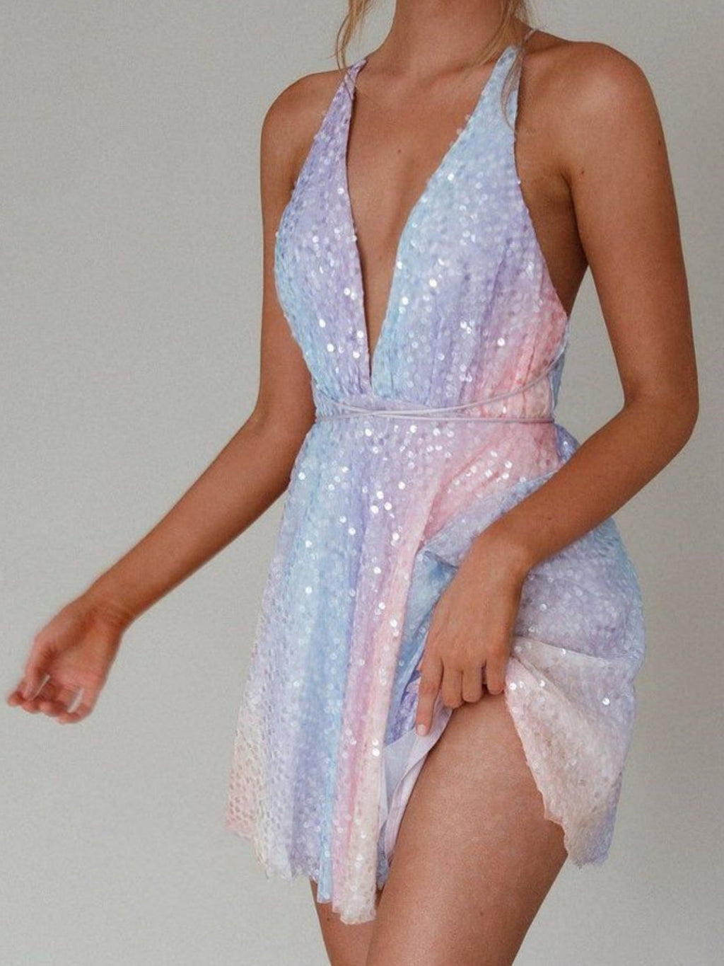Sequins Bow Tie Deep V-neck Suspenders Backless Mini&Short Dresses