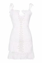 Eyelet Lace Spaghetti Strap Ruffle Neck Lace Up Corset Ruffle Hem Mini Dress
