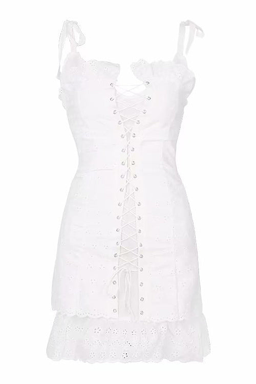 Eyelet Lace Spaghetti Strap Ruffle Neck Lace Up Corset Ruffle Hem Mini Dress