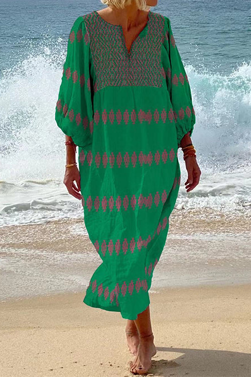 3/4 Balloon Sleeves Bohe Printed Caftan Midi Vacation Dress