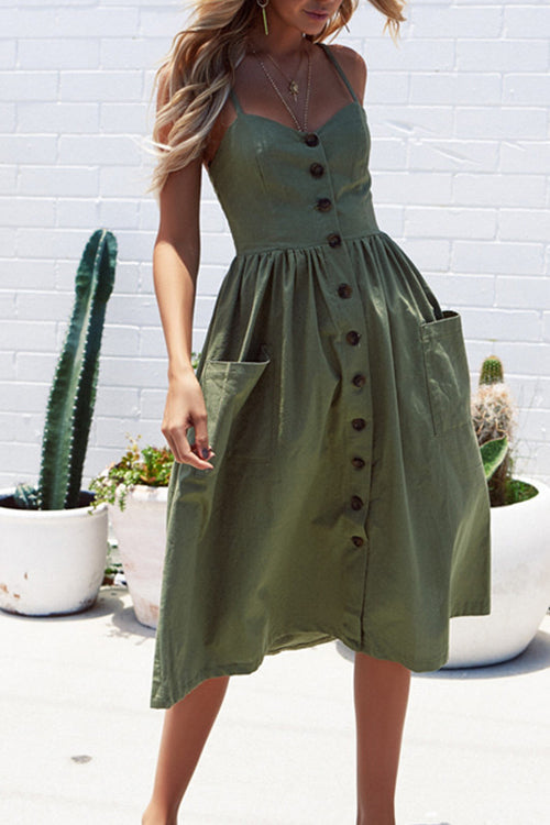 Vertical Stripe Spaghetti Strap Button Down Pocket Front Slit Midi Dress