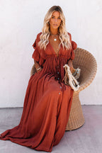 Plunging V-Neck Flutter Sleeve Tie Front Button Pocket Maxi Dress