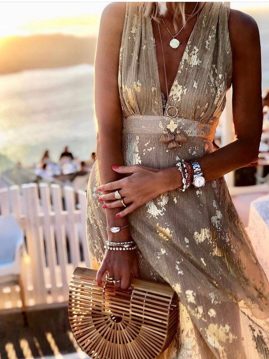 Printed Gathering Hot Stamping V-neck Sexy Maxi Dresses
