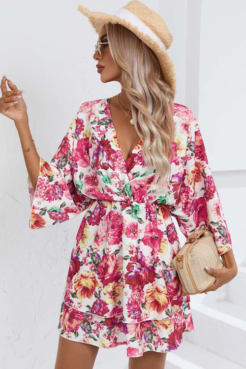 Wrap V Neck Bell Sleeve Tiered Floral Print Mini Dress