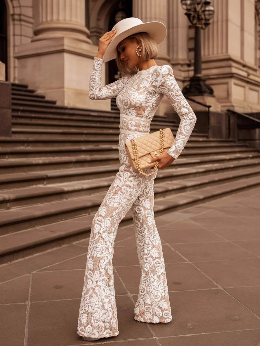 Lace-trimmed Bodycon Jumpsuit With Belt