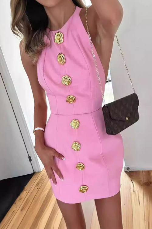 Halter Open Back Gold Rose Buttons Mini Dress