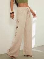 Minimalist Style Drawstring Hollow-out Solid Color Loose Wide-leg Trousers