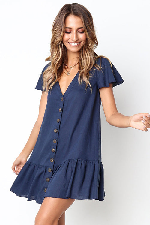 Linen Look V-Neck Button Front Flutter Sleeve Ruffle Hem Mini Dress