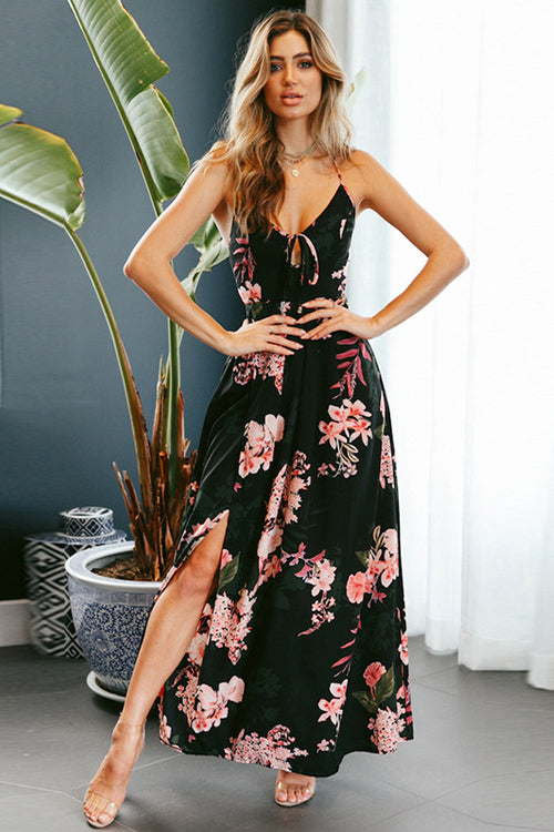 Floral Print Spaghetti Strap Lace Up Cross Back High Split Maxi Dress