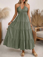 Halter V-neck Drawstring Loose-fit Vacation Maxi Dresses