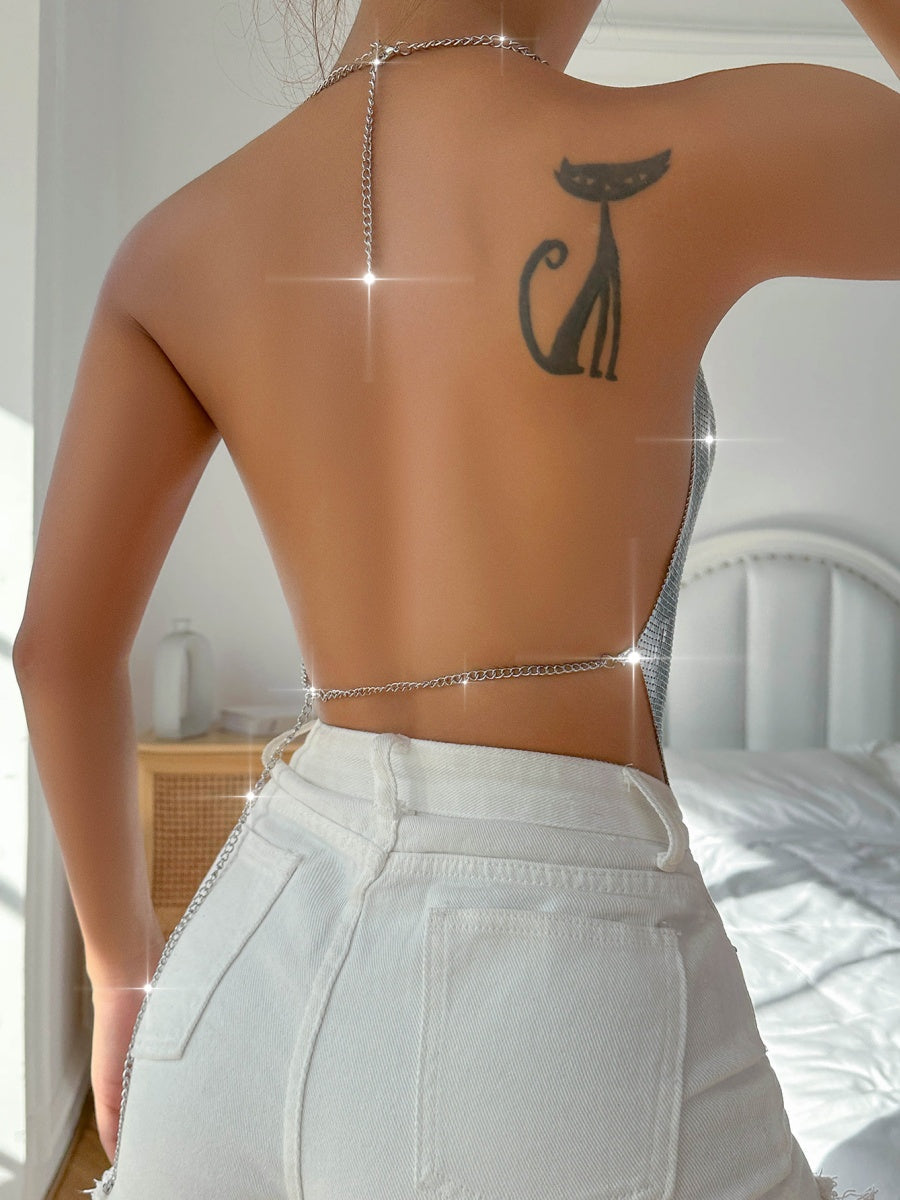 Draped Collar Metal Sheet Hollow Thin Strap Camisoles