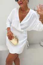 Wrap V Neck Side Drawstring Satin Mini Dress