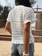 White Vacation-style Versatile Openwork Sexy Knit T-shirt