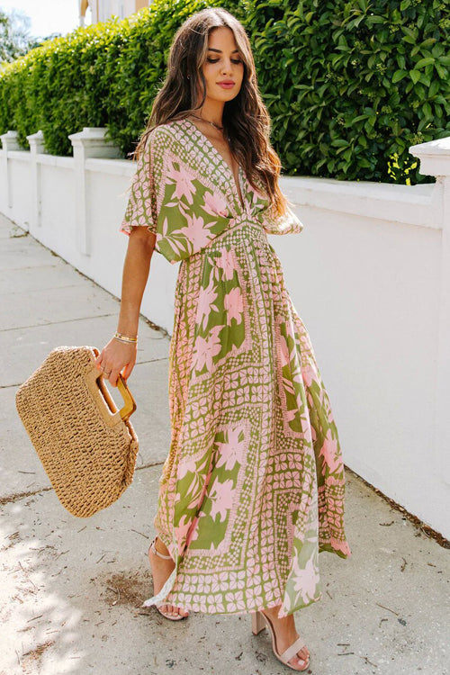Large Scale Floral Print Deep V-Neck Flutter Sleeve High Split Maxi Dress