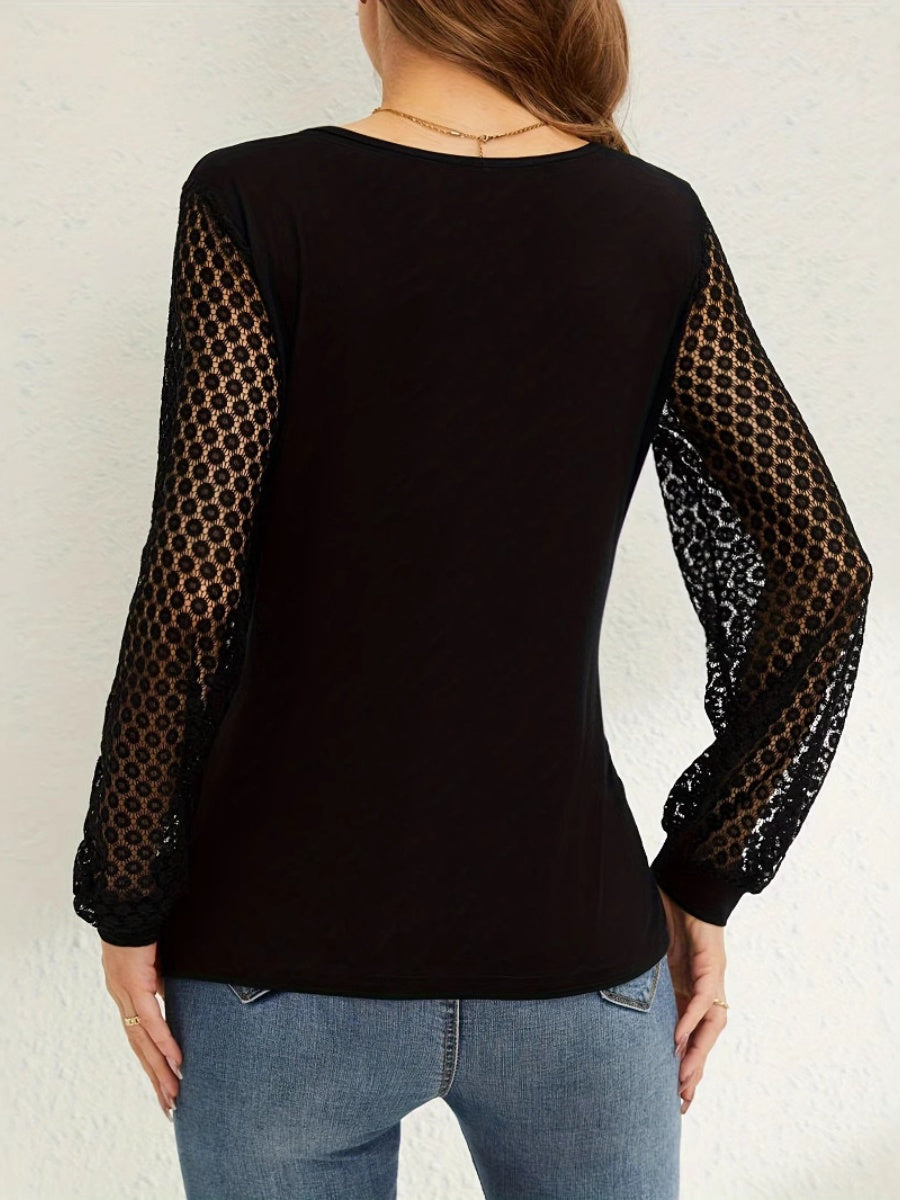 Lace Splicing Loose-fit V-neck Chiffon Blouse