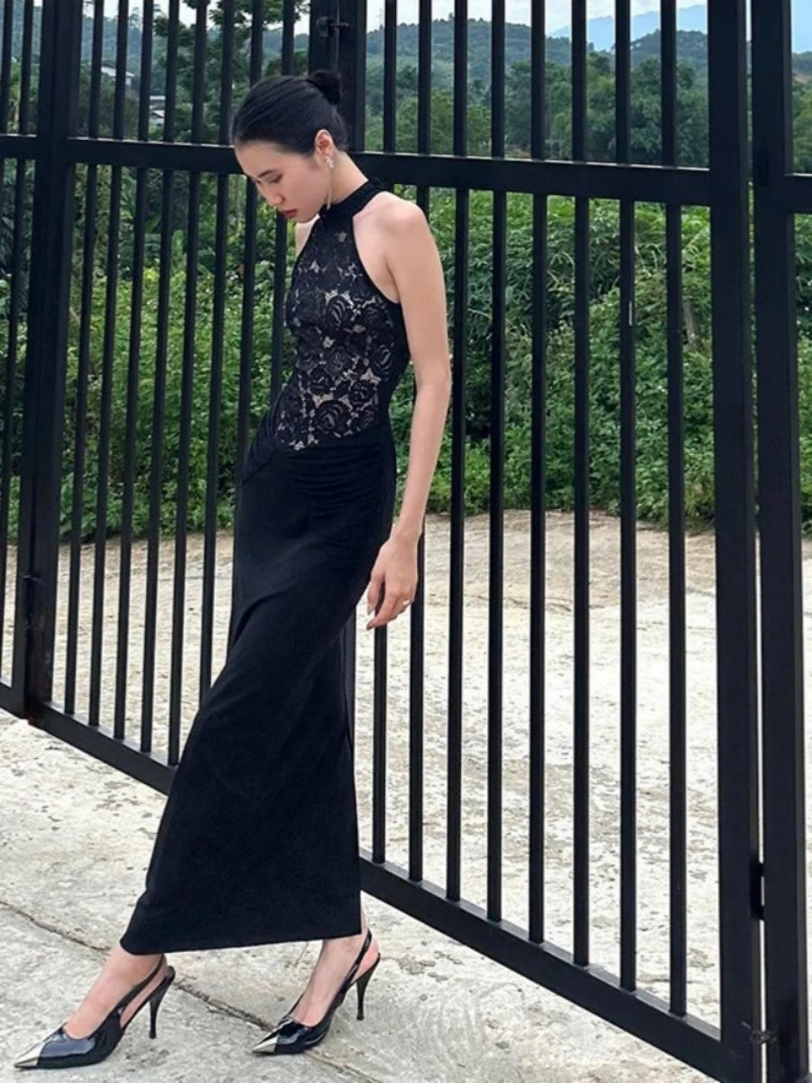 Lace Halter Black Sexy Backless Formal Dress Banquet Parties Maxi Dresses