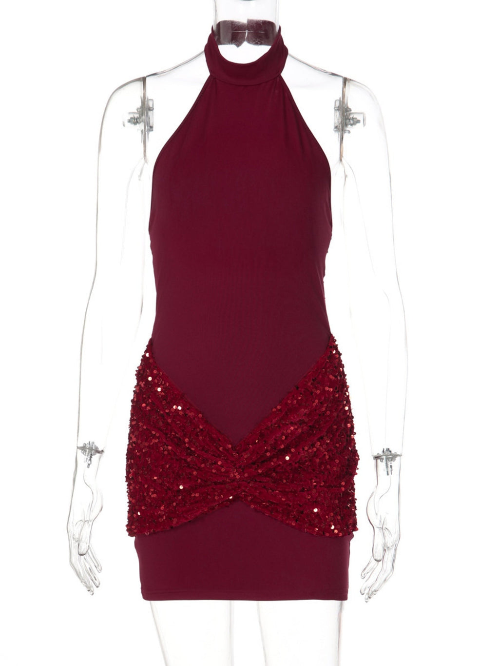 Sequins Exposed Backpack Buttocks Halter-neck Sleeveless Mini&Short Dresses