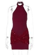 Sequins Exposed Backpack Buttocks Halter-neck Sleeveless Mini&Short Dresses