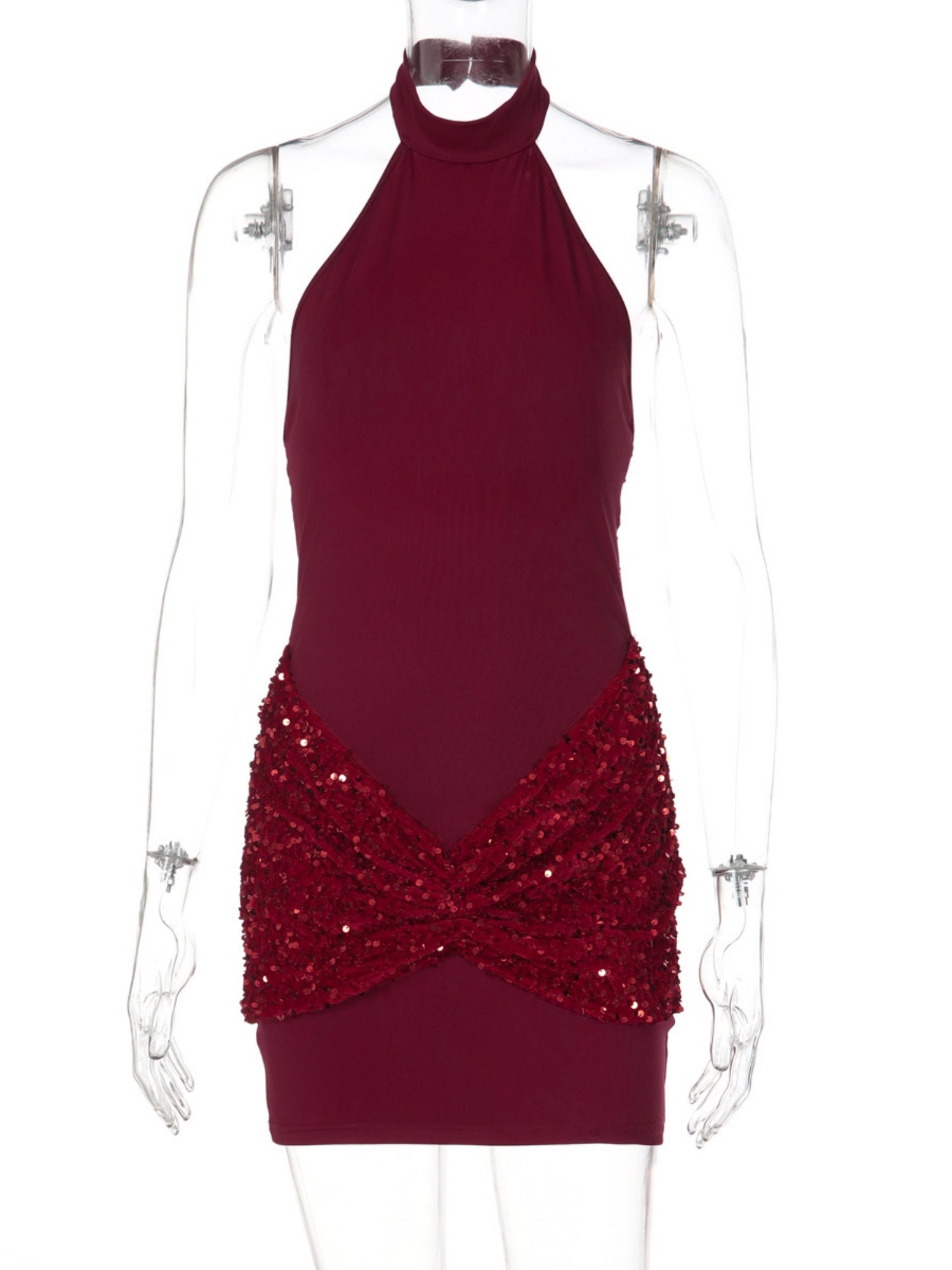 Sequins Exposed Backpack Buttocks Halter-neck Sleeveless Mini&Short Dresses
