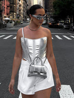 Imitation PU Metallic Luster Sleeveless Straps Strapless Vest